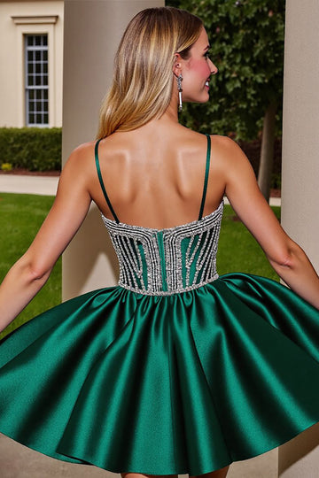 Dark Green Satin A Line Beaded Homecoming Dress